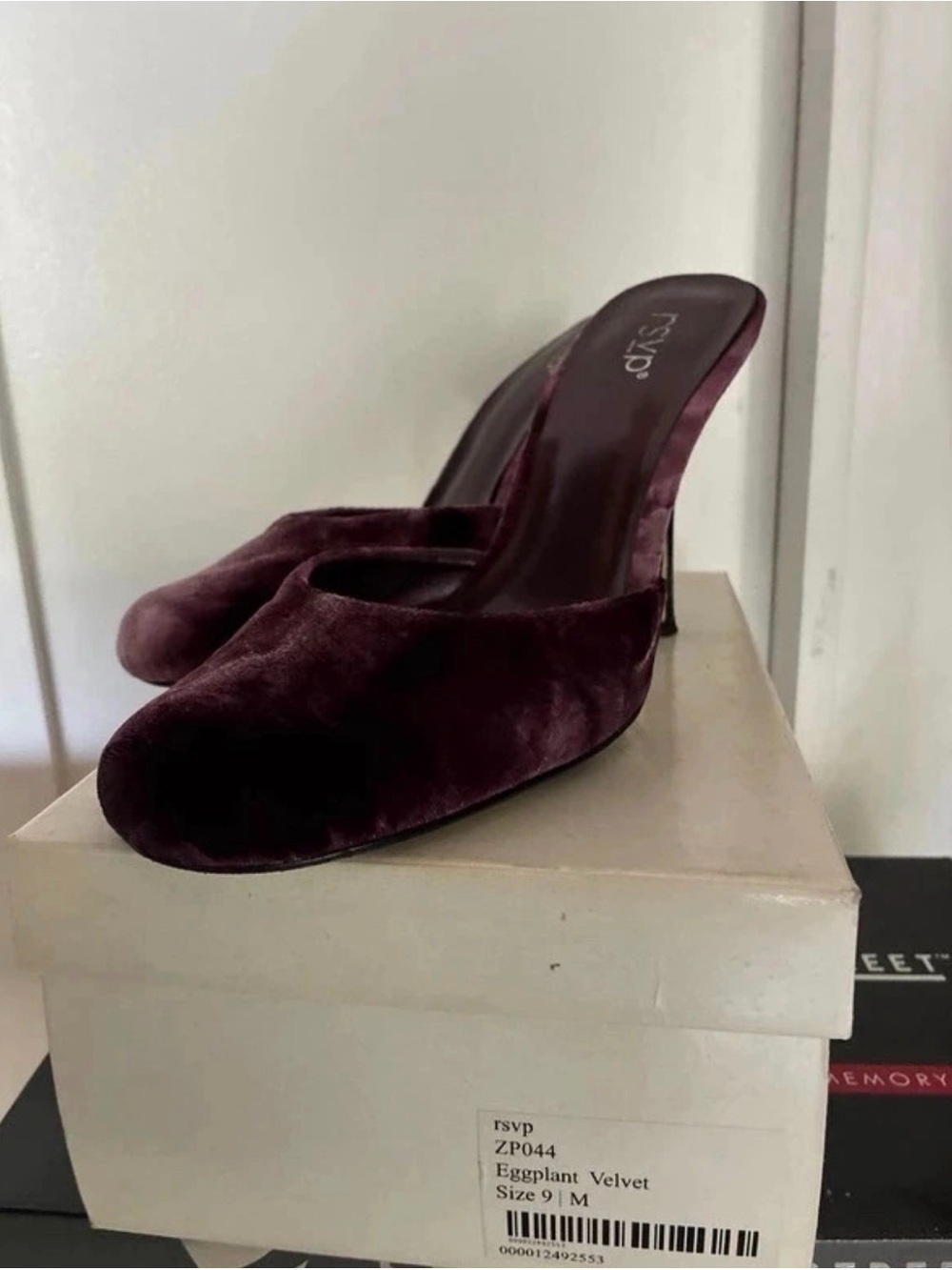 RSVP Eggplant Velvet Slip-On Mule Heels